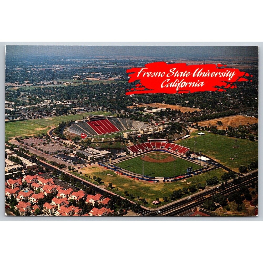 Vintage Postcard Fresno State University CA Aerial Bulldog Stadium Beiden Field